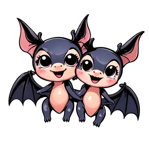 two cute disney looking female bats with big eyes that are best friends and hugging tattoo design idea