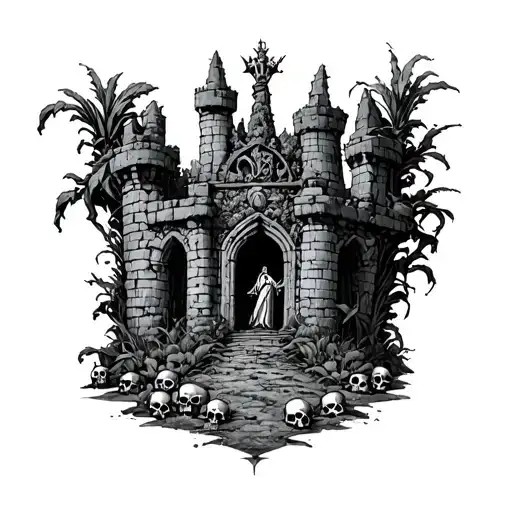 a ruined castle overgrown with plants, skulls litter the floor as a new king is crowned tattoo design idea