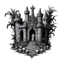 a ruined castle overgrown with plants, skulls litter the floor as a new king is crowned tattoo design idea