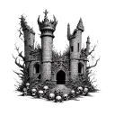 a ruined castle overgrown with plants, skulls litter the floor as a new king is crowned tattoo design idea