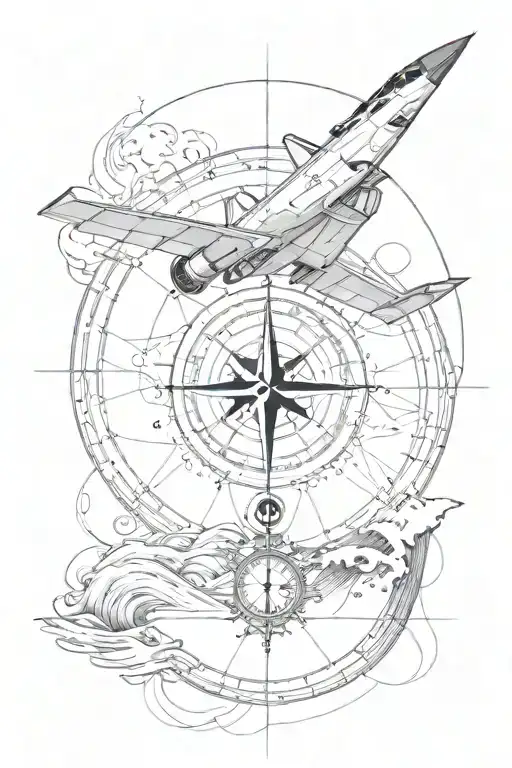 golden ratio incorporating a wave and a compass design and a fighter jet silhouette tattoo design idea