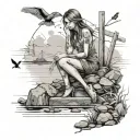  beautfuil view and a girl siting down in a dock  with birds and rocks    tattoo design idea
