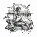  beautfuil view and a girl siting down in a dock  with birds and rocks    tattoo design idea
