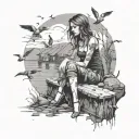  beautfuil view and a girl siting down in a dock  with birds and rocks    tattoo design idea