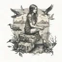  beautfuil view and a girl siting down in a dock  with birds and rocks    tattoo design idea