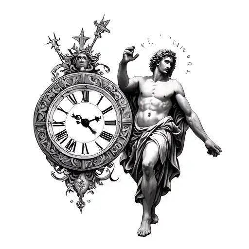 Saint Christopher and Roman numbers and a clock face sleeve tattoo tattoo design idea