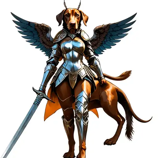 rotation Ridgeback with armor and wings with myself as a princess warrior with a sword writing the ridgeback warrior int tattoo design idea