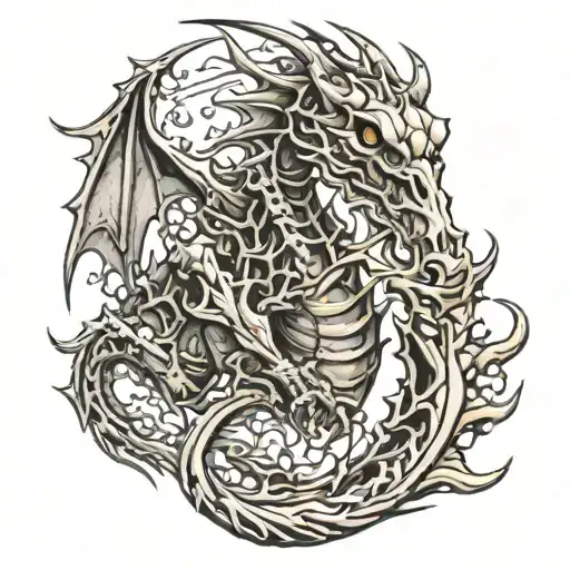 Skeletal Dragon emerging from the depths tattoo design idea