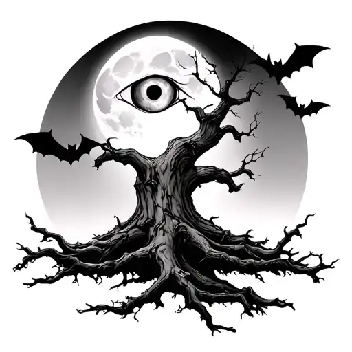 a poison tree with a moon above with an eye in the moon and a couple of bats flying around tattoo design idea