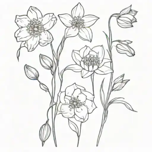 violet narcissus daisy larkspur poppy and aster tattoo design idea