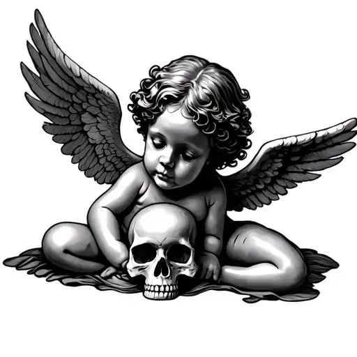 Cherub angel resting on a skull tattoo design idea