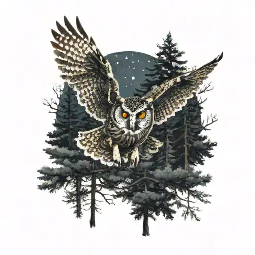 owl flying in forest at night sky tattoo design idea