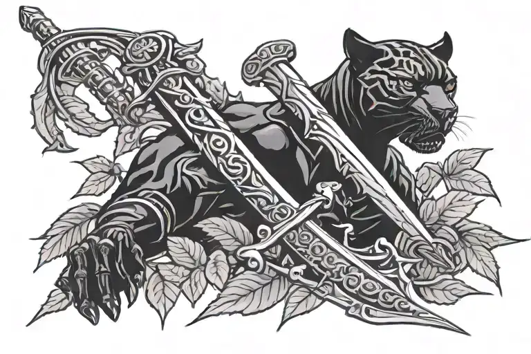 single horizontal blunted sword from African American flag/fig leaves, with black panther wrapped around the sword in 3d tattoo design idea