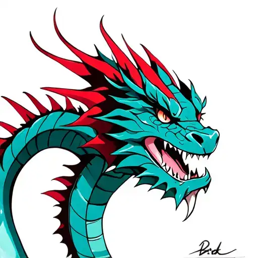 Teal dragon with red spikes on back piece tattoo design idea