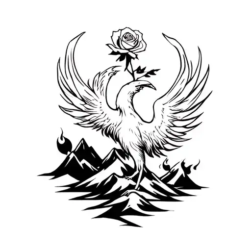 Phoenix rising from ashes. Incorporate a rose, flames, and mountains. tattoo design idea
