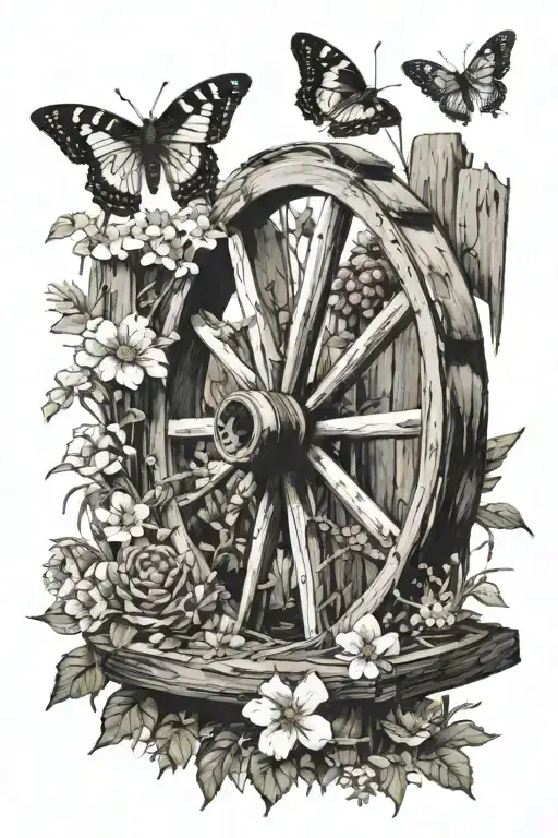wagon wheel leaning on fence post surrounded by flowers and butterflies  tattoo design idea