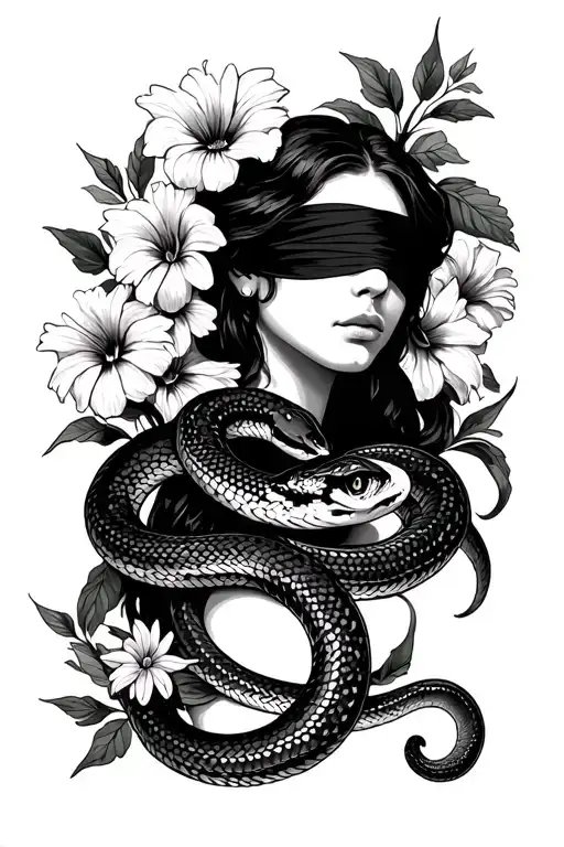 virgo maiden blindfolded with a snake coiled around her. Morning glory flowers and Aster flowers in the background. tattoo design idea