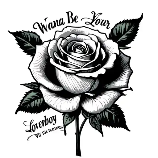 fine line wanna be your loverboy with a rose at the beginning and words as stem tattoo design idea