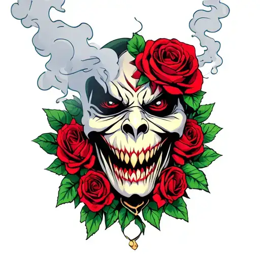 evil face in smoke with roses  tattoo design idea