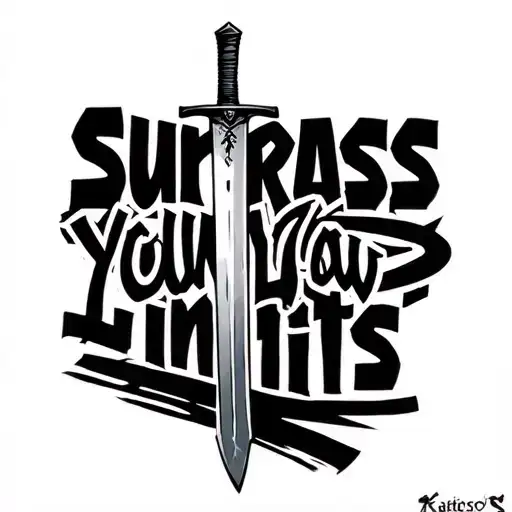 katana with quote "surpass your limits" tattoo design idea