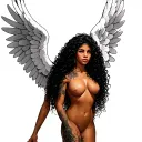 beautiful curly hair tan skin Latina guardian angel with big wings tattoo design idea