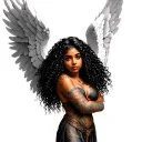 beautiful curly hair tan skin Latina guardian angel with big wings tattoo design idea