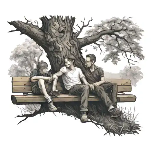 Two little brothers are sitting on a bench under a large plane tree with long branches. They are sitting with their arms tattoo design idea