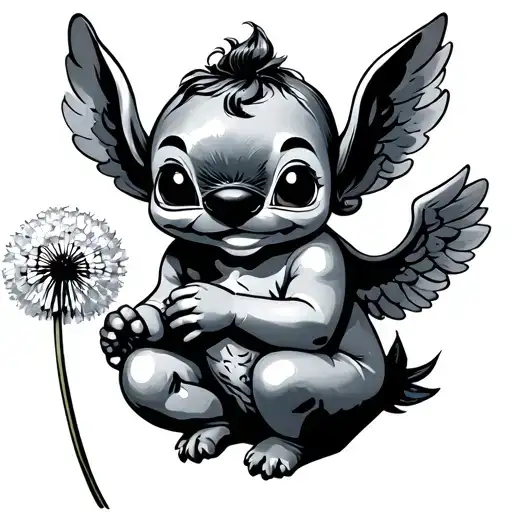 Stich cute Cherub holding a dandelion tattoo design idea