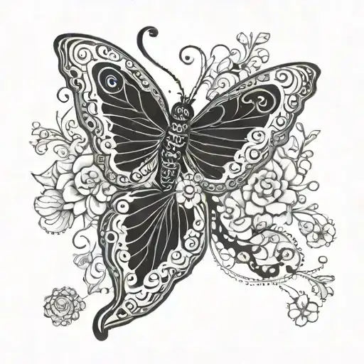 A butterfly with intricate blackwork and dotwork details, incorporating the name 'Ryeangel' in a subtle and elegant way, symbolizing loyalty and love for your girlfriend tattoo design idea