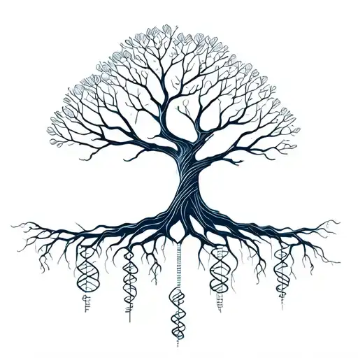 Tree with DNA strand-shaped roots symbolizing life tattoo design idea
