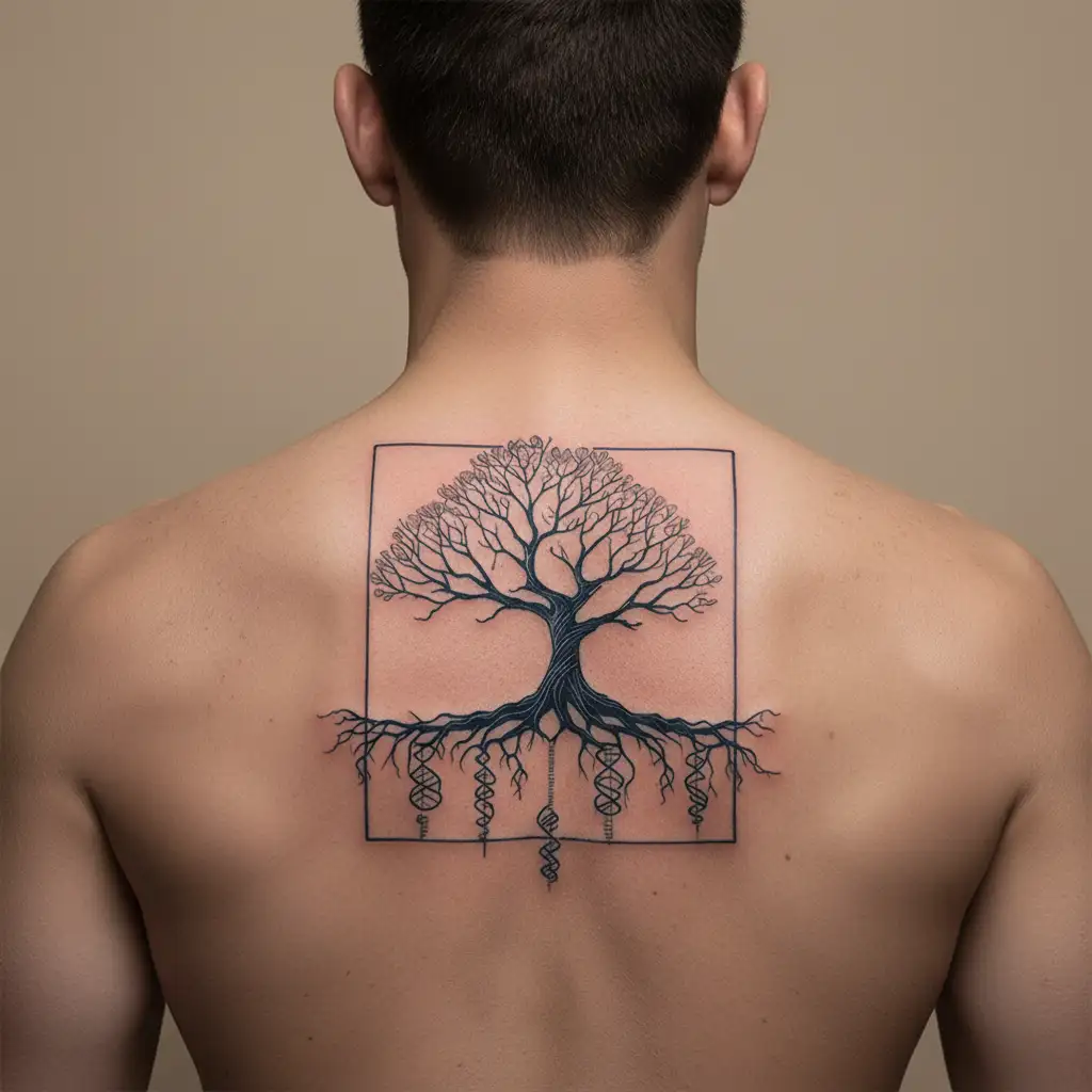Tree with DNA strand-shaped roots symbolizing life tattoo design idea