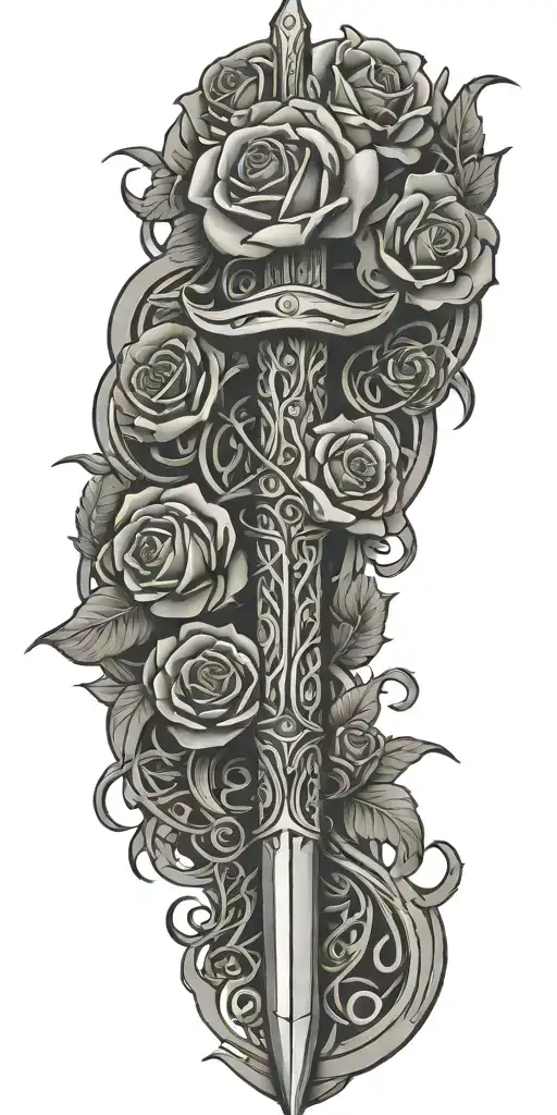 tribal dagger covered with vines and roses and wrapped tightly tattoo design idea