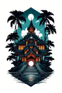 hogwarts castle, japanese temple, coconut trees inside tattoo design idea