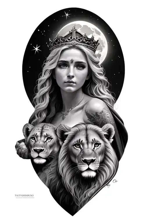 black & grey realism- beautiful greek goddess with light color hair, wearing crown, 2 lion cubs and moon tattoo design idea
