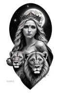 black & grey realism- beautiful greek goddess with light color hair, wearing crown, 2 lion cubs and moon tattoo design idea