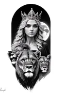 black & grey realism- beautiful greek goddess with light color hair, wearing crown, 2 lion cubs and moon tattoo design idea
