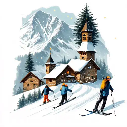 Mont Blanc, fir trees, skier, descent, powder, star, small Savoyard village, church, 2 friends, La Giettaz, Savoie. tattoo design idea