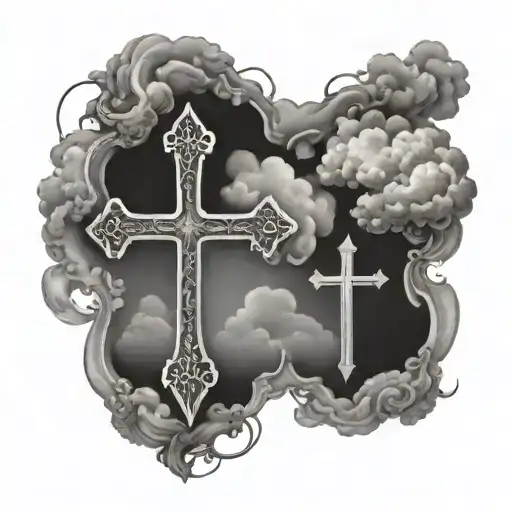 crosses, bible verse, roman numeral, clouds surrounding tattoo design idea