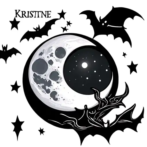 "Kristine" Moon, stars and bats flying tattoo design idea