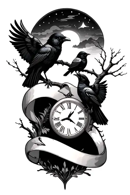 night sky, crows, tree branch, time, ribbon tattoo design idea