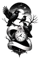 night sky, crows, tree branch, time, ribbon tattoo design idea