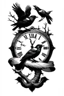 night sky, crows, tree branch, time, ribbon tattoo design idea