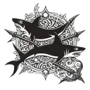 ha.merhead shark and spear with crossed tomahawks  tattoo design idea