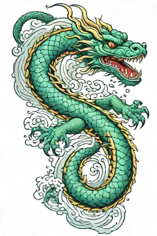 traditional korean water dragon, with 4 claws per hand, and water streaks swirling around the dragon  tattoo design idea