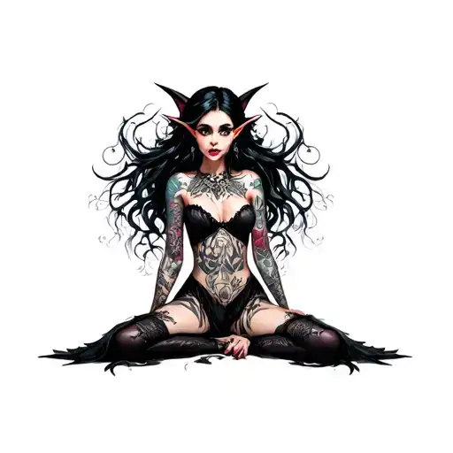 sexy girl, elf, dark, big boobs, full body tattoo design idea