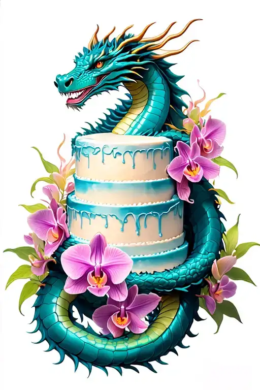 dragon wrapped around a tall cake with orchids intertwined tattoo design idea