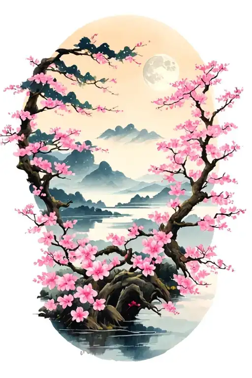 pink Sakura flowers tree, moon light landscape tattoo design idea