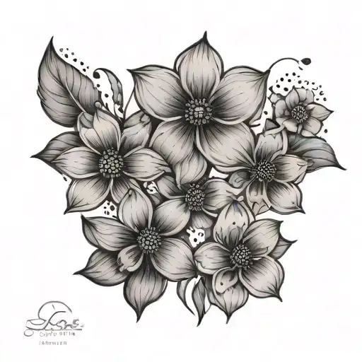 A minimalist and elegant tattoo design of five delicate flowers, each representing one of your children and their unique qualities tattoo design idea