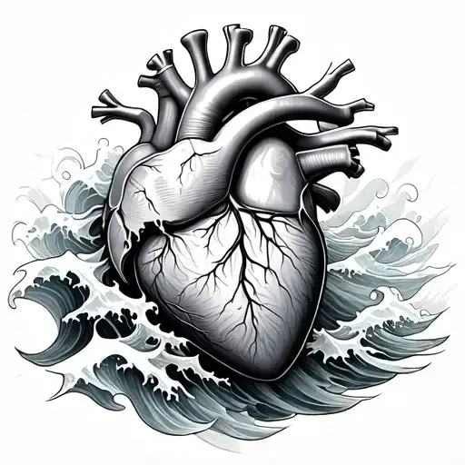 I want a semi-realistic human heart with ocean waves coming out of the arteries tattoo design idea