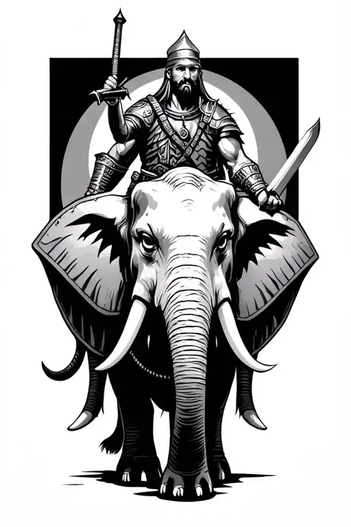 warrior with 2 hand holding a shield and sword riding a elephant tattoo design idea